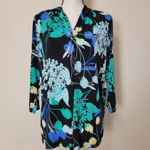 EUC Worthington XL Floral Top V-Neck Mid Sleeve Stretch Side Slits Pullover